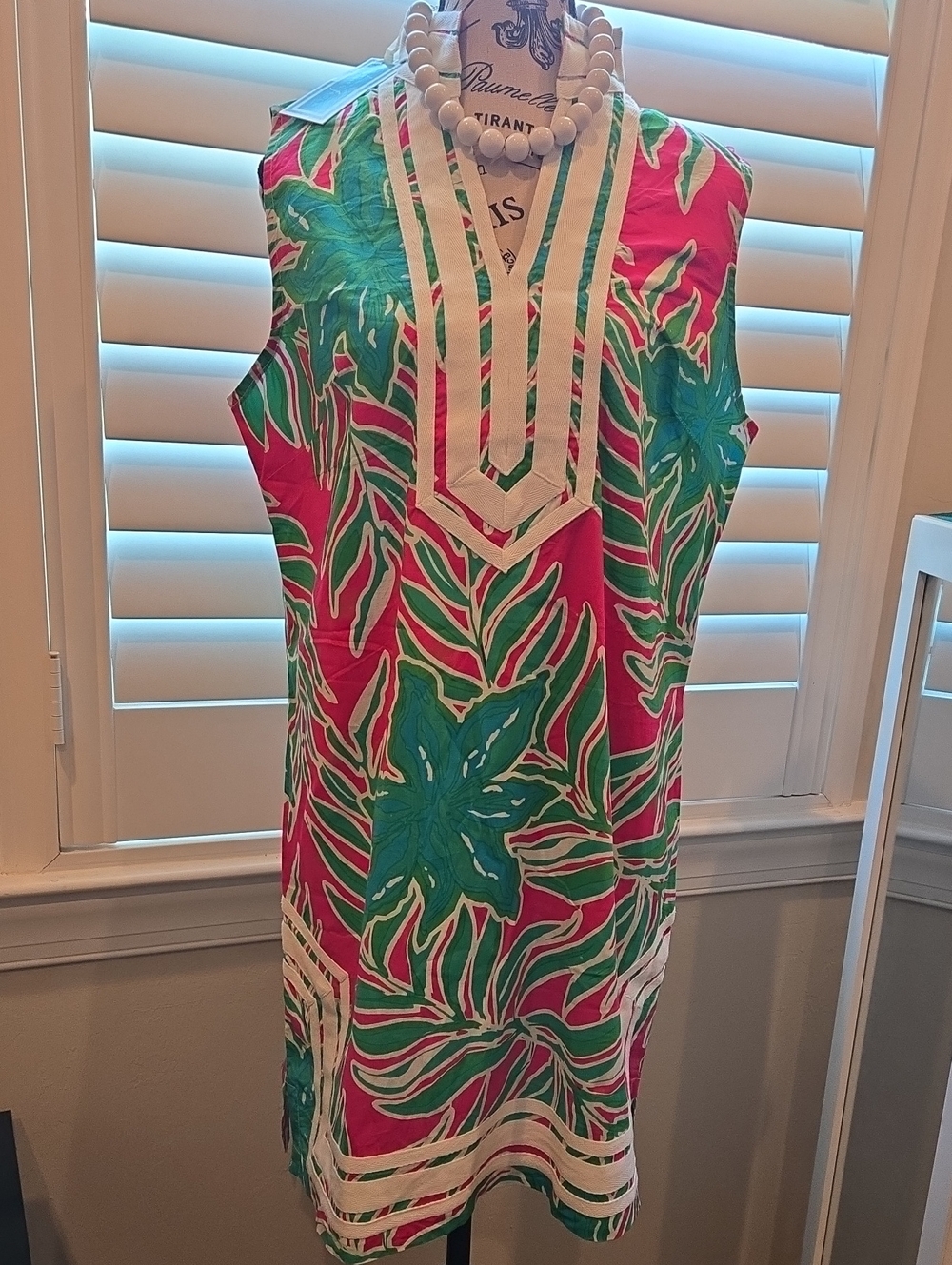 Sleeveless Pink Tropical-Print Mini Dress/Tunic w/Contrast Trim & Side Pockets